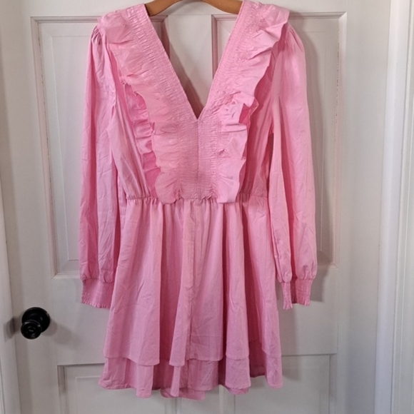 NWT Strut & Bolt Smocked Pink Ruffles Deep V-Neck Stretch Fun Girly Short Dress - Picture 7 of 13